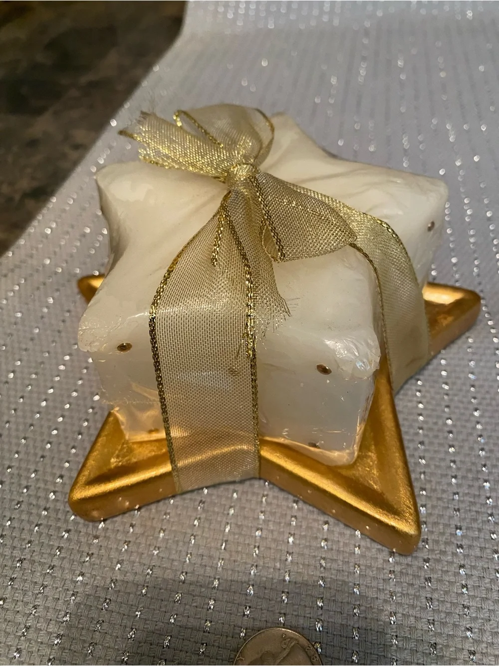 Festive Cream Star Candle with Gold Star Holder and Ribbon